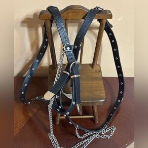 Gothic Black Leather Harness with Silver Chain Accent goth